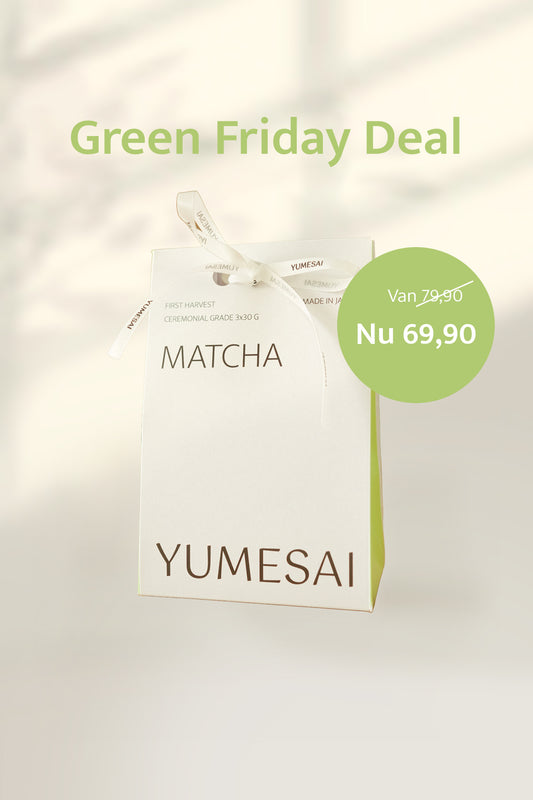 YUMESAI ceremonial matcha 90 gram in cadeau verpakking, Green Friday aanbieding.